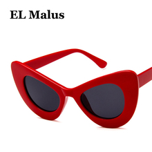 [El malus] óculos de sol retrô de olho de gato, óculos de sol de armação grossa feminino com lente uv400, vermelho e preto, espelhado, vintage, designer de marca 2024 - compre barato