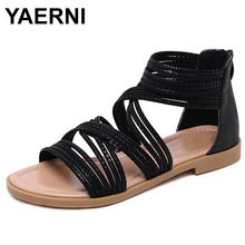 YAERNI  New Style Women's Sandals Cross-border Retro Flat-soled Large-size 41/42Comfortable Roman Shoes Cover Heels 2024 - buy cheap