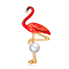 Oneckoha pino esmaltado vermelho flamingo, broche com pingente de pérola simulada de pássaro, presente de aniversário, broches de animais mais vendidos 2024 - compre barato