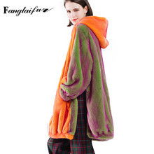 Ftangaiur 2021 Winter Women Import Velvet Mink Fur Coat With Fur Hood Mink Coats Women Gradient Loss Medium Real Mink Fur Coats 2024 - buy cheap
