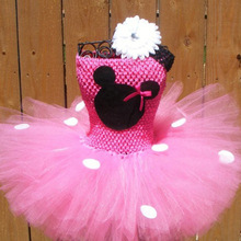 Vestido rosa con tutú de Mickey para niña, vestido de tul de ganchillo con puntos blancos y Diadema de flores, vestidos de fiesta de Cosplay para niña 2024 - compra barato