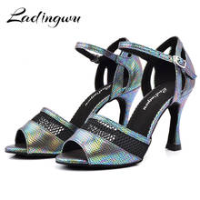 Ladingwu sapatos de dança mulher latina 9cm cubana salto salsa sandálias de dança metal cinza plutônio descoloração e malha zapatos de mujer 2024 - compre barato