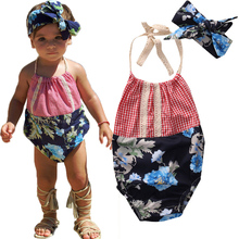 2017 Summer Infant Babies Girls Halter Backless Bodysuit Playsuit Clothes Newborn Baby Girl  Plaids Patchwork Bodysuits  Sunsuit 2024 - buy cheap