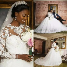 Sheer Neck Jewel Neck Long Sleeves ball gown Wedding Dresses Appliqued Custom Made Tulle bridal wedding gown vestido de noiva 2024 - buy cheap
