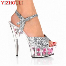 Unique sequined material upper, transparent sole rose platform, model 15 cm runway high-heeled sandals 2024 - buy cheap