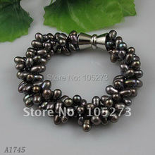 Baroque pearl bracelet 8inchs AA5-6MM Black color Genuine fresh water pearl bracelet 3rows magnet clasp free shipping A1745 2024 - buy cheap