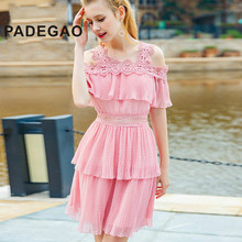 Summer Dress Women Fashion Chiffon Ruffle Dresses Pink Lace Patchwork Vestidos Mujer Print Off Shoulder Dress Robe Femme 2024 - buy cheap