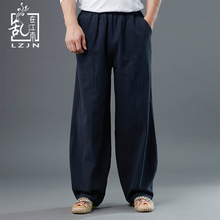 LZJN Men Casual Pants Textured Linen Cotton Long Trousers Elastic Waist Bottoms Chinese Style Bloomer Jogger Pants 4 Colors 2024 - buy cheap