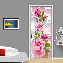 Adesivo de parede 3d com rosas para porta, mural de quarto diy decoração de porta em pvc à prova d'água, papel de parede 2024 - compre barato