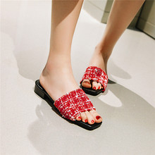 YMECHIC Summer 2019 Fashion Red Plaid Glitter Cloth Daily Women Slides Chunky Heels Outdoor Square Open Toe Ladies Slipper Shoes 2024 - buy cheap