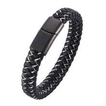 Fashion Men Jewelry Punk Black White Braided Leather Bracelet for Men Stainless Steel Magnetic Clasp Male Wristband Gifts SP0001 2024 - buy cheap