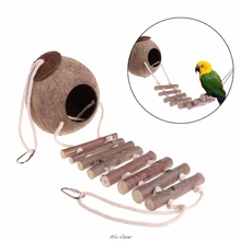 New Designed Natural Coconut Shell Bird Parrot Nest Hut Cage Toy Hideaway With Ladder Stand Bird Toys Accessories 2024 - buy cheap