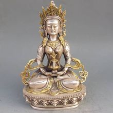 Estatua budista tibetana dorada de cobre y plata Vintage de Amitayus Buddha, artesanía de metal 2024 - compra barato