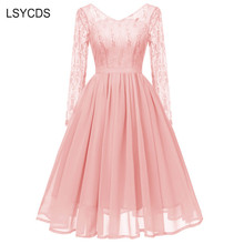 LSYCDS Autumn Women Dresses Lace Long Sleeve V-Neck Chiffon A-line Dress Casual Party Sexy Backless Pink Elegant Dress Ladies 2024 - buy cheap