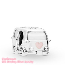 Spring 100% 925 Sterling Silver Campers Van Charm pink enamel heart beads Fits Original Brand bracelets Jewelry Making 2024 - buy cheap