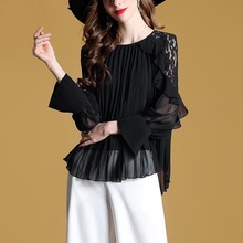 2019 Korean Spring Fall Women Female Loose Pleated Lace Patchwork Ruffles Blouse Shirt , Womens Irregular Chiffon Blouses Top 2024 - buy cheap