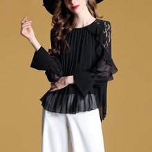 2019 Coreano Mulheres Queda Primavera Fêmea Solta Patchwork de Renda Plissada Ruffles Blusa Camisa, Mulheres Irregular Chiffon Blusas Top 2024 - compre barato