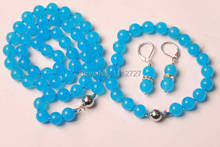10MM Blue Chalcedony Necklace +Bracelet +Earrings Jewelry Sets Natural Beads Stone Fashion Jewelry Making Design Wholesale Price 2024 - buy cheap