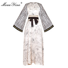 Moaa Yina Fashion Designer Runway dress Spring Summer Women Dress Flare Sleeve Embroidery Stripe Print Loose Dresses 2024 - buy cheap