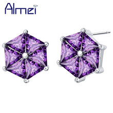 Almei Модные фиолетовые серьги шестигранные геометрические серебряные серьги с кристаллами подарок CZ цирконий ювелирные изделия для женщин серьги-гвоздики R863 2024 - купить недорого