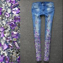 Women Silver Jeans with Rhinestones Sequins Jeans with Crystal Diamond Skinny  Pencil jeans plus size 2024 - buy cheap