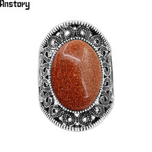 Oval Golden Sandy Stone Rings For Women Vintage Look Antique Silver Plated Fashion Jewelry TR645 2024 - buy cheap
