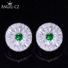 ANGELCZ-pendientes de circonita de Color plateado para mujer, aretes redondos con piedra de cristal verde, joyería de fiesta AE200 2024 - compra barato