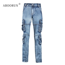 Aboorun jeans masculino retrô cargo, macacão jeans com muitos bolsos, alta qualidade para áreas externas x1649 2024 - compre barato