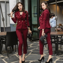 Sexy wine red slim style women's trousers slim body suit waist double-breasted jacket and pencil pants OL professional women's 2024 - buy cheap