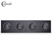 Coswall Black / Silver Grey Brushed Aluminum Metal Panel Quadruple EU Russia Wall Socket Grounded With Children Protective Door 2024 - buy cheap