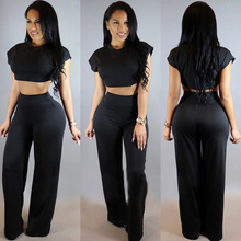 Black New Women 2 pieces Jumpsuits and Rompers Cap Sleeve Bodycon Long Pants Crop Top Two pieces Outfits Sexy Rompers For Women 2024 - buy cheap