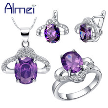 Almei Silver Color New Women Fashion Wedding Bridal Jewelry Set Earring Ring Necklace Round Conjunto Prata Brincos Joyas T461 2024 - buy cheap