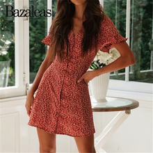 Bazaleas-vestido de verano con manga de pétalos y escote en V, estampado Floral rojo, botones Vintage, informal 2024 - compra barato