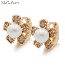 MxGxFam Smooth White Simulated Pearl Earrings Hoop Flower For Women Elegant Fashion Jewelry 18 k Yellow Gold Color 2024 - buy cheap