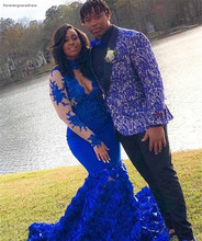 Royal Blue Long Sleeves Prom Dresses 2019 New African Black Girls Mermaid High Neck Holidays Graduation Wear Evening Party Gowns 2024 - buy cheap