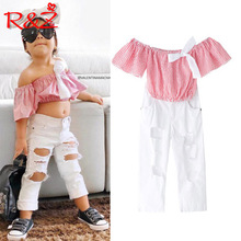 R&Z children's suit 2019 summer new European and American girls suit striped word collar T-shirt hole pants two-piece 2024 - buy cheap