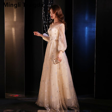 Mingli Tengda Champagne Round Neck 3/4 Sleeve Long Evening Dress Illusion Formal Dresses Abendkleid Embroidered Star Light Dress 2024 - buy cheap