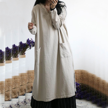 Vestido de lino con cuello de pico para mujer, prenda sencilla de talla grande, con bolsillos, Retro, para primavera y otoño 2024 - compra barato