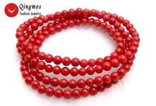 Qingmos Round Natural Red Coral Bracelet for Women with 5-6mm Coral 30" Long Necklace Bracelet Fine Jewelry Colar Femme Bra298 2024 - buy cheap