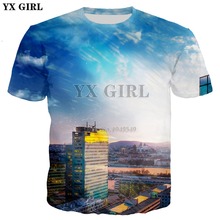 Брендовая футболка YX GIRL, Новинка лета 2018, модные футболки, повседневная мужская и женская футболка с 3D-принтом города, стекла, зданий, архитектуры 2024 - купить недорого