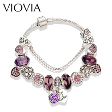 VIOVIA Fashion Purple Crystal Beads Bracelets & Bangles Antique Silver Color Heart Charm Bracelets For Women Pulseras B16102 2024 - buy cheap