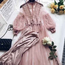 2018 New Fashion Spring Women Flower Lantern Sleeve Dresses Summer Two Piece Mesh Dress Long Sexy Dress Clothing Vestidos 2024 - buy cheap