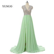 Real Pic Custom Made New Arrival 2019 Mint Evening Dress Long A-Line Open Slit Sexy Backless Chiffon with Bling Crystals x3112 2024 - buy cheap