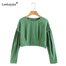 Lanbaiyijia Newest Autumn Women shirts Long sleeve O-Neck Green Pullover Shirt Back Zipper Decoration Short Shirts Women Blouse 2024 - buy cheap