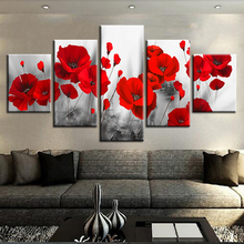 Картины на холсте для гостиной, настенное искусство, рамка, 5 шт., романтические картины мака, красные цветы, плакат, модульный домашний декор 2024 - купить недорого