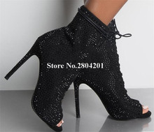 Luxurious Women Fashion Bling Bling Peep Toe Black Rhinestone Thin Heel Boots Lace-up Crystal High Heel Ankle Booties 2024 - buy cheap
