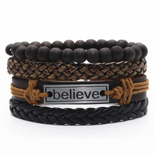 Believe Combination Guitar Feather Infinity Wing Cross Beads Wrap Woven Leather Men Bracelets Set Bangle male Jewelry Fashion 2024 - buy cheap