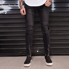 Calça jeans masculina skinny com zíper do tornozelo, calça jeans para motociclista, hip-hop, rasgada no joelho, plissada, justa 2024 - compre barato