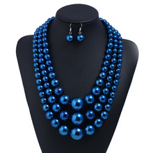 Big Size Royal Blue Simulated-pearl African Jewelry Sets 3 Layer Blue Party Pearl Necklace Earrings Fashion Wedding Jewelry 2024 - buy cheap