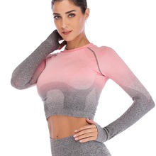 Top ombre esportivo sem costura feminino manga longa ombré, camiseta curta sexy esportiva yoga corrida treino 2024 - compre barato